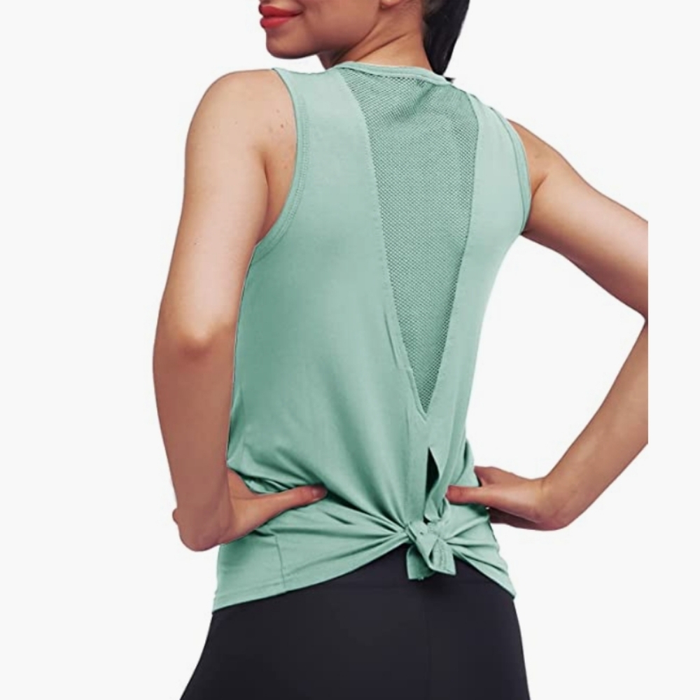 Green athletic tie back mesh tank top